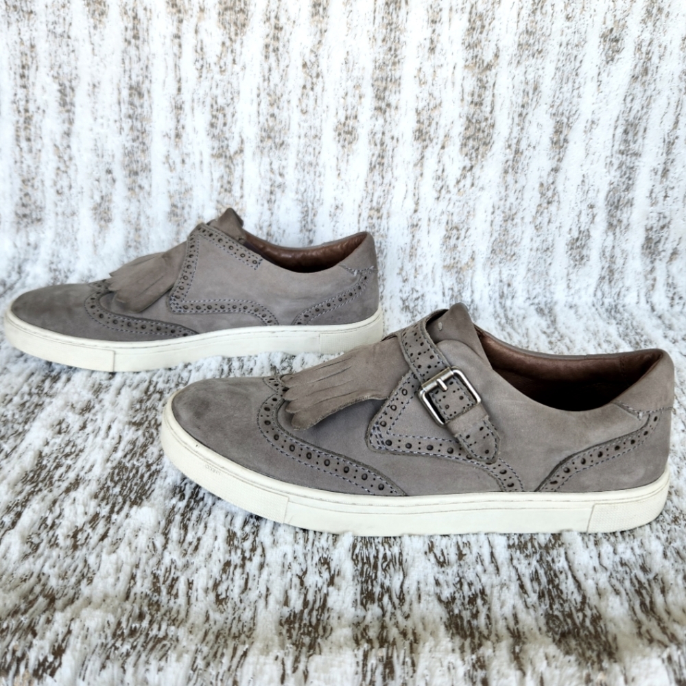 Frye "Gemma Kiltie" Gray Suede Wingtip Fringe Slip On Sneaker | Women's Size 7 - Picture 6 of 11